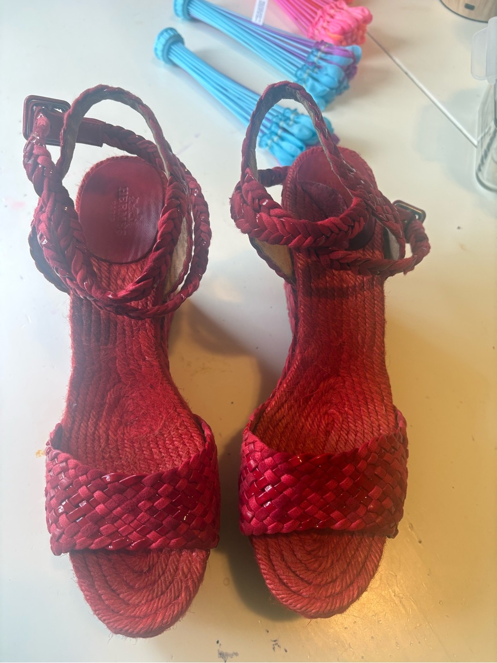 Hermes Red Braided Wedge Sandals